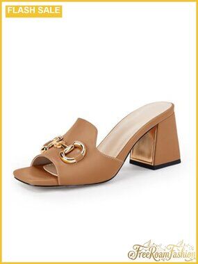 Peep Toe Chunky Heel Mules Slides Slip-On Sandals Metal Chain